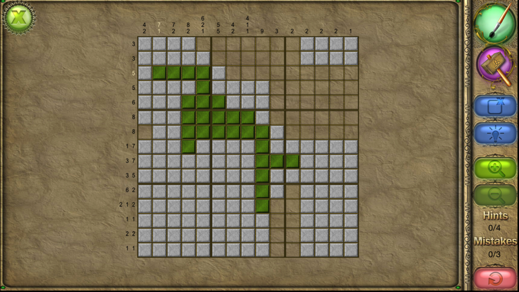 FlipPix Art - Town Square - Gameplay of FlipPix Art Town Square showing a partially completed nonogram logic puzzle grid