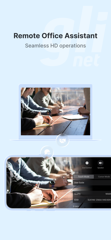 GLKVM - GLKVM app interface showing remote desktop access and HD management on a mobile phone and laptop.