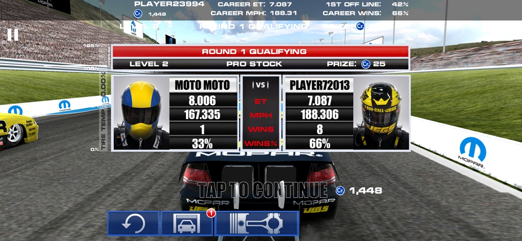 Mopar Drag N Brag - Comparison screen of two players statistics in Mopar Drag N Brag qualifying round