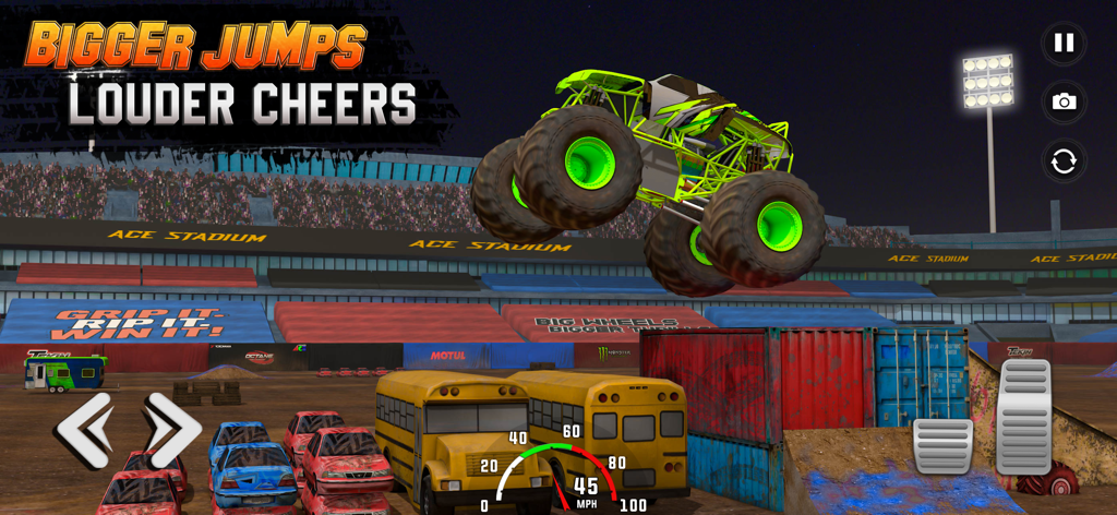 Monster Truck: Drag Race Clash - Un monster truck verde neón realizando un salto alto sobre autobuses escolares en una arena de estadio