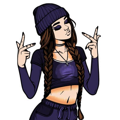realistic teenage girl with braids and a beanie and crop top doing 🫶🏼
