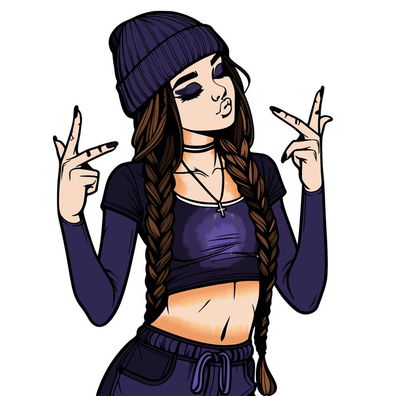 realistic teenage girl with braids and a beanie and crop top doing 🫶🏼