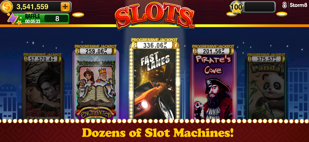 Una esposizione di macchine da slot a tema vario come "Pirate Cove" e "Fast Lanes" nel gioco mobile Slots.