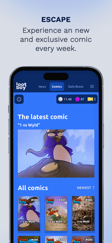A mobile screen showing the comics section of the LootBoy app with weekly stories.