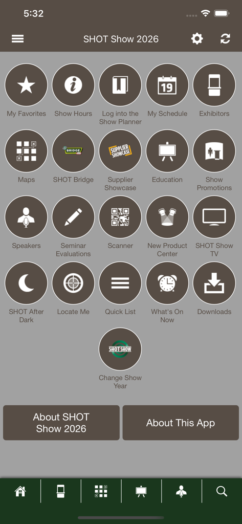 SHOT Show Mobile - Main menu of the SHOT Show 2026 mobile app displaying navigation icons for trade show attendees
