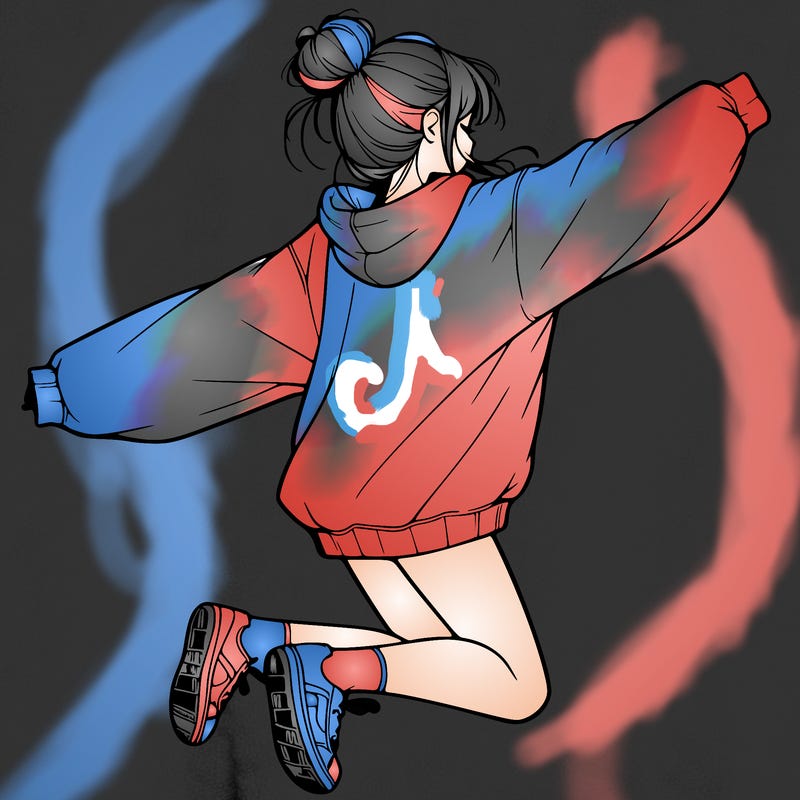 realistic girl jumping with a bun and oversized sweatshirt