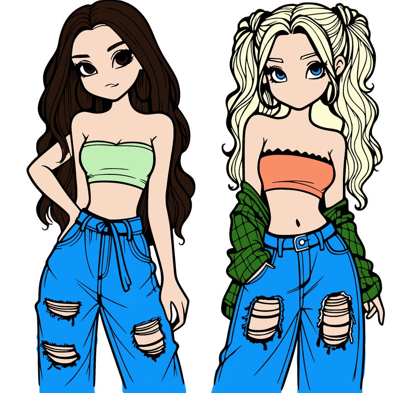 2 girls in crop tops and baggy jeans ripped