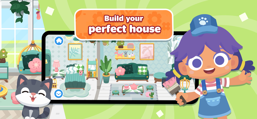 A cartoon character with a paintbrush and a cat next to a phone screen showing a decorated house interior