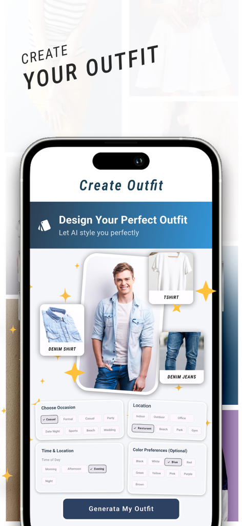 Ein Smartphone, das den FitCheck App-Bildschirm zur Erstellung eines KI-generierten Outfits mit Filtern für Anlass, Ort, Zeit und Farben zeigt.