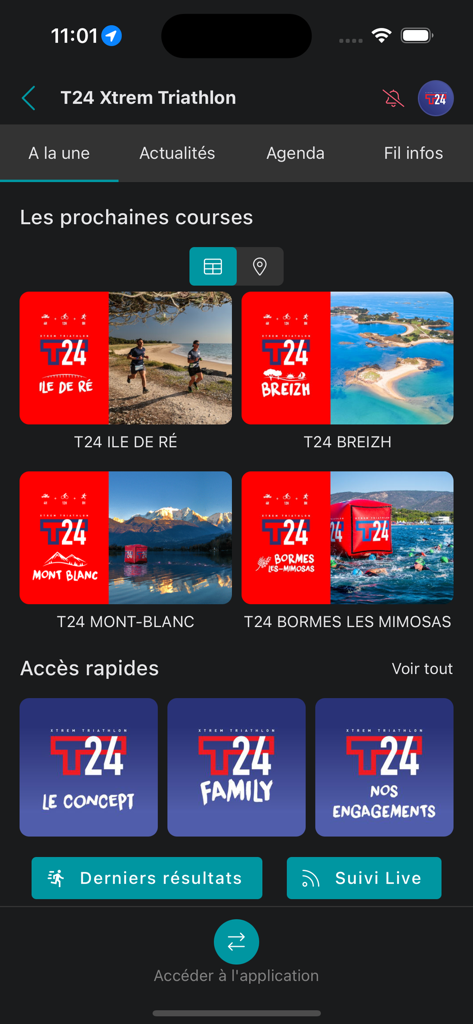 Runify - Runify app screen showing upcoming triathlon race events and live tracking options