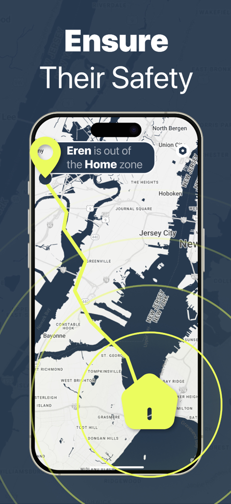 Geo Locator: Phone Tracking - Un smartphone que muestra un mapa con una ruta rastreada y una notificación que indica que un contacto ha salido de la zona de hogar