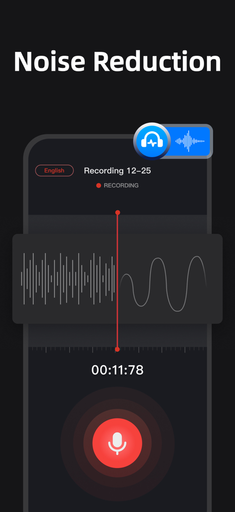 Voice Recorder - Transcript - Interfaz de aplicación móvil que ilustra la reducción de ruido IA mostrando una forma de onda irregular que se vuelve suave durante una grabación.