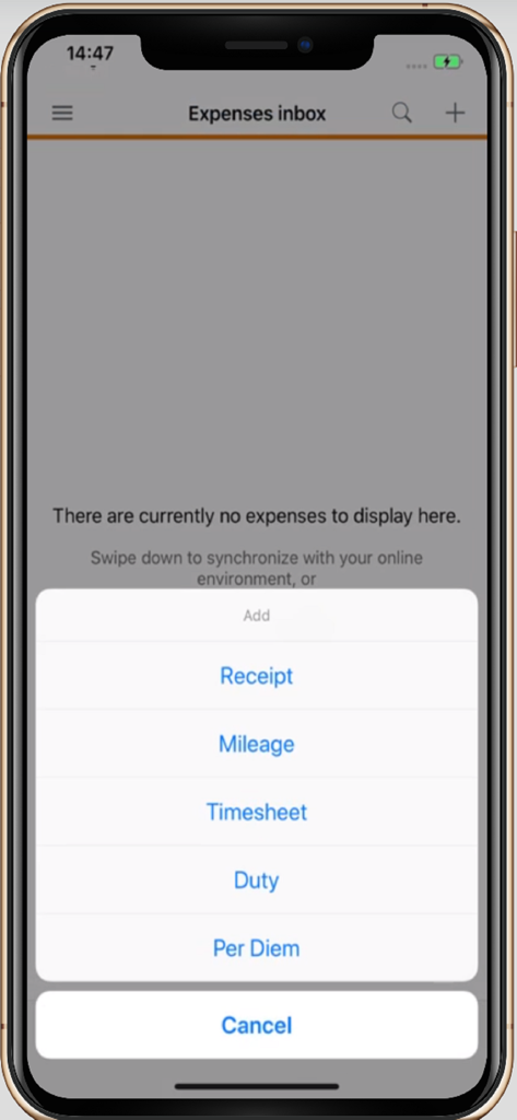 SRXP - Mobile interface of the SRXP app showing a pop up menu to add receipts mileage timesheets and per diem expenses