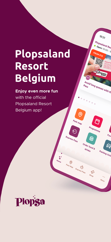 Plopsaland Resort Belgium - Official Plopsaland Resort Belgium app home screen displaying park features like map and express pass