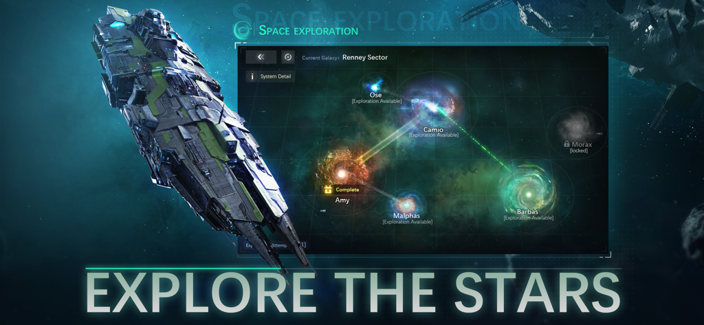 Un gran acorazado junto a un mapa estelar galáctico para la exploración espacial en el Sector Renney