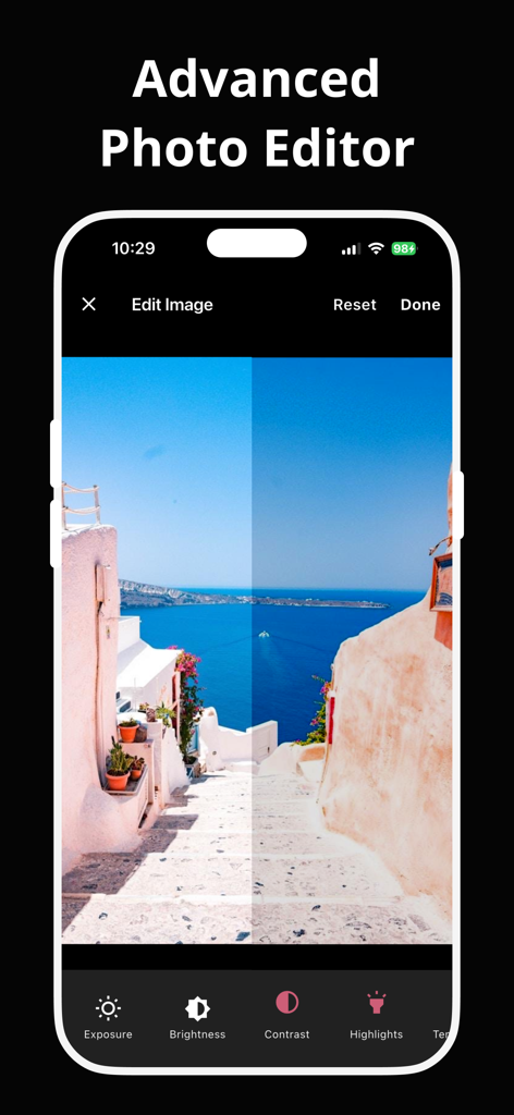 Fortgeschrittener Fotoeditor-Bildschirm von Collage Maker CollagePhotoApp, der Bildanpassungswerkzeuge wie Belichtung und Helligkeit für Reisefotos zeigt