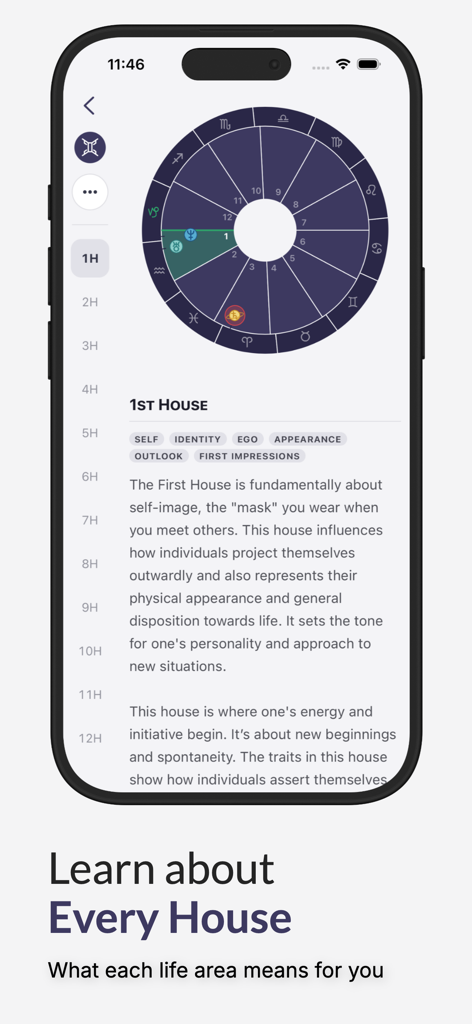 Interface do aplicativo Horos mostrando um mapa astral e uma explicação sobre a primeira casa.