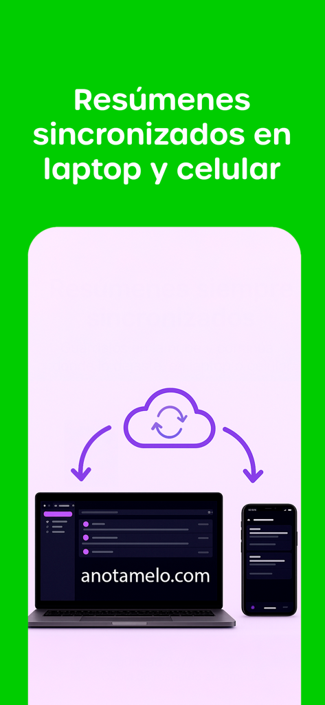 Anotamelo - Apuntes con IA - Graphic showing Anotamelo AI study summaries synced across laptop and smartphone screens