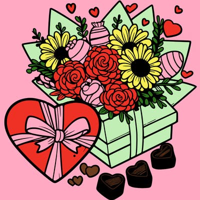 a heart flowers, and chocolates