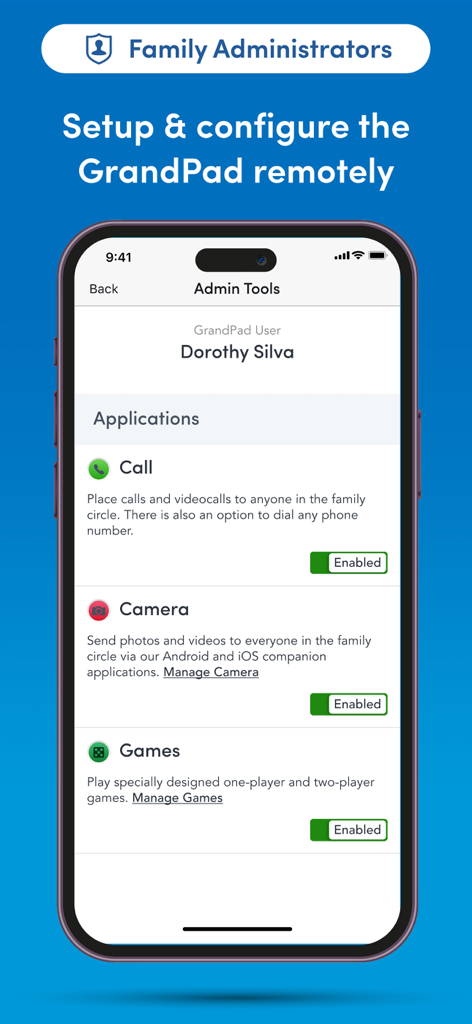 GrandPad - Screen showing GrandPad admin tools for family members to remotely configure calls camera and games for a senior user