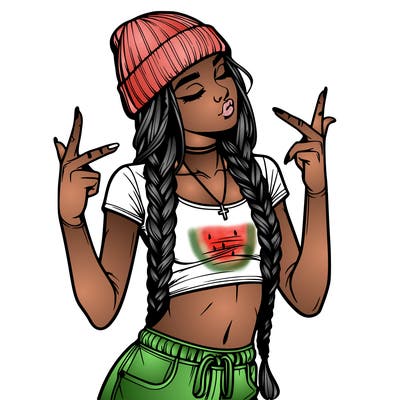 realistic teenage girl with braids and a beanie and crop top doing 🫶🏼