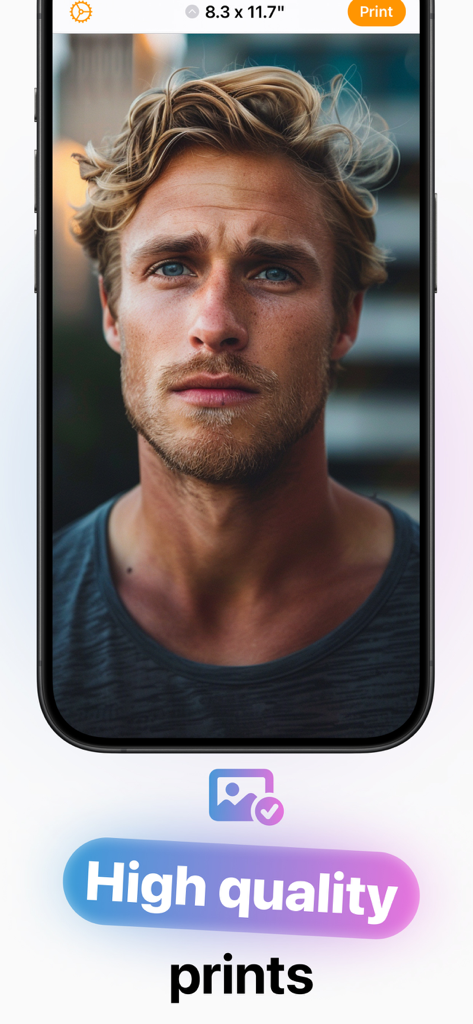 Photo Printer - Print to Size - Aplicación de smartphone que muestra una foto vertical lista para impresión de alta calidad.