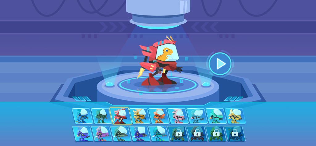 T-Rex dinosaure dans un mécha robot rouge sur un écran de sélection avec 18 options de méchas différentes dans Dinosaur Coding 2