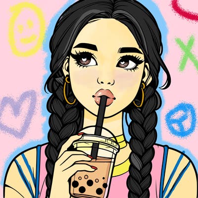 realistic girl with braided hair drinking boba