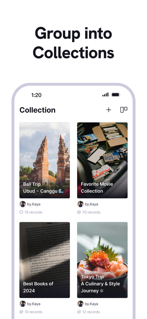 Una pantalla de aplicación móvil que muestra colecciones de usuarios de viajes, películas y libros con imágenes de portada estéticas.