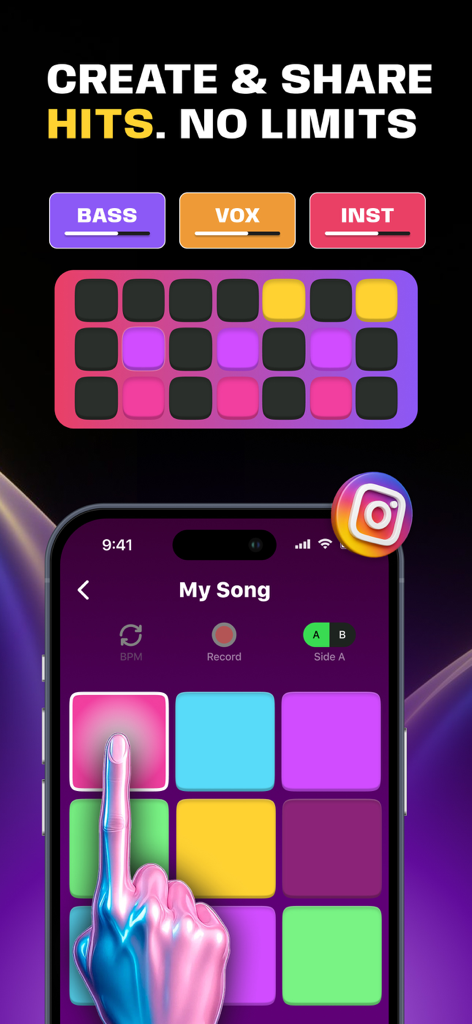 A smartphone screen displaying the Beat Maker Studio app with a drum pad interface and sharing icon