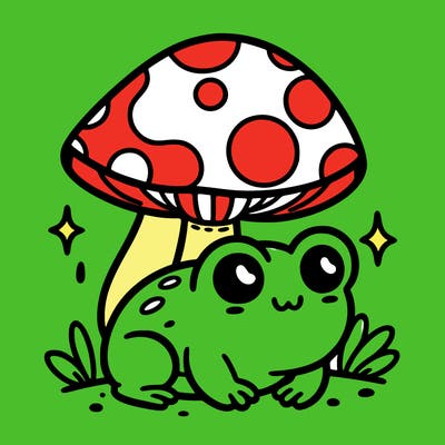 cute frog with a big mushroom on the frogs head