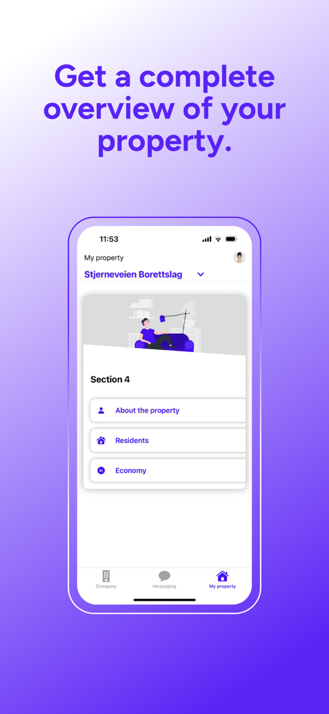 Solibo Home - Solibo Home app interface displaying a property overview screen with options for property details residents and economy