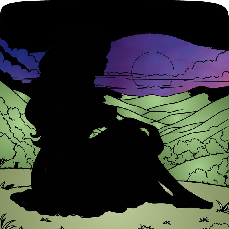 realistic girl sitting on a realistic hill with a realistic sunset