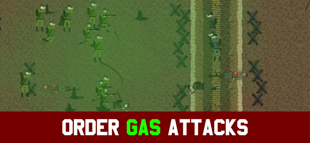 Soldados de arte de píxeles en una trinchera durante un ataque de gas en Trench Warfare 1917.