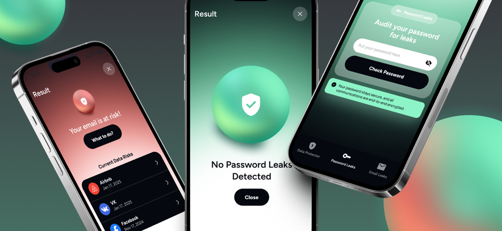 MaxDefense - Fortifyex - Capturas de tela do aplicativo móvel MaxDefense Fortifyex mostrando alertas de violação de dados de e-mail e resultados de verificação de vazamento de senha