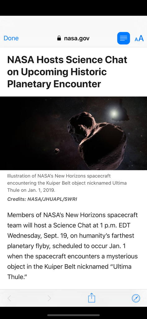 Science Now - Screenshot of the Science Now app displaying a NASA article about the New Horizons spacecraft encounter with a Kuiper Belt object