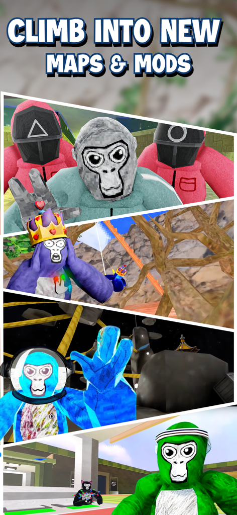 Gorilla Tag Horror Game Mods - Collage of Gorilla Tag characters with various custom skins including Squid Game and astronaut themes