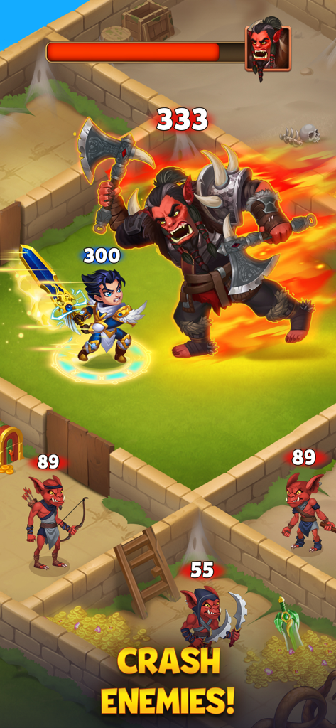 Un héroe de fantasía con una espada brillante luchando contra un jefe rojo gigante en una mazmorra con el texto aplastar enemigos.