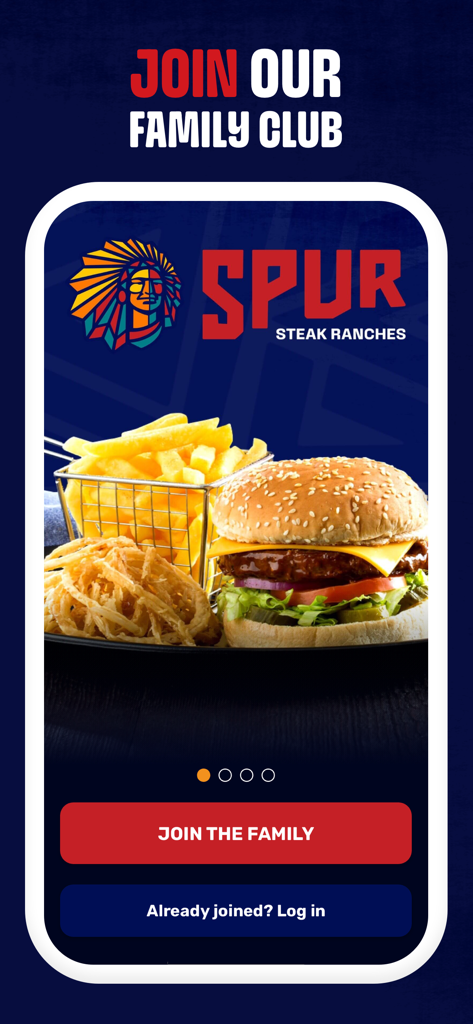 Spur Family Club - Welcome screen of the Spur Family Club app featuring a burger and fries with a join the family button