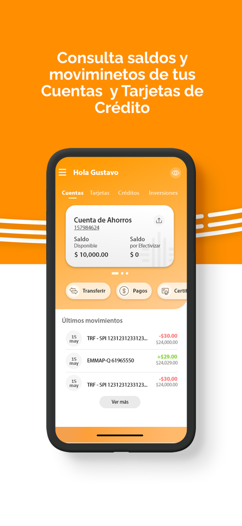 Interfaz de banca móvil que muestra saldos de cuentas y el historial de transacciones recientes