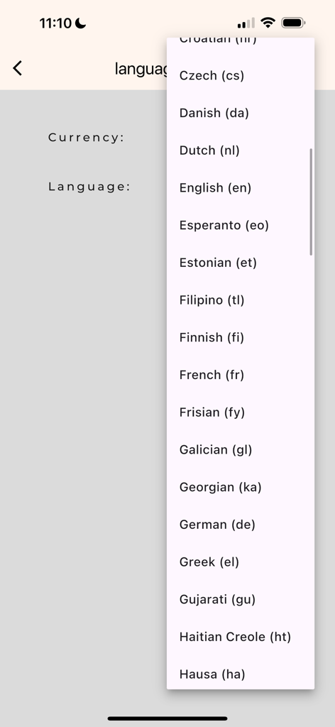 FChat - A mobile app screen showing a vertical dropdown menu with a wide variety of language options including English, French, and German for the FChat application.
