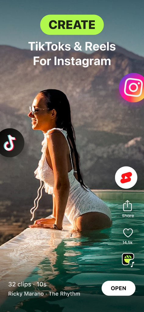 Interfaccia dell'app BEAT che mostra un modello di video lifestyle per creare Reel su Instagram e TikTok.