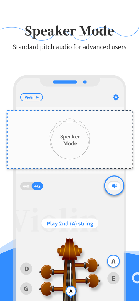 Interface de l'application Simply Tuner montrant le mode haut-parleur avec un son de hauteur standard pour l'accordage du violon