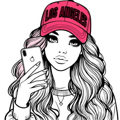 realistic beautiful girl wearing los ángeles cap holding an iphone