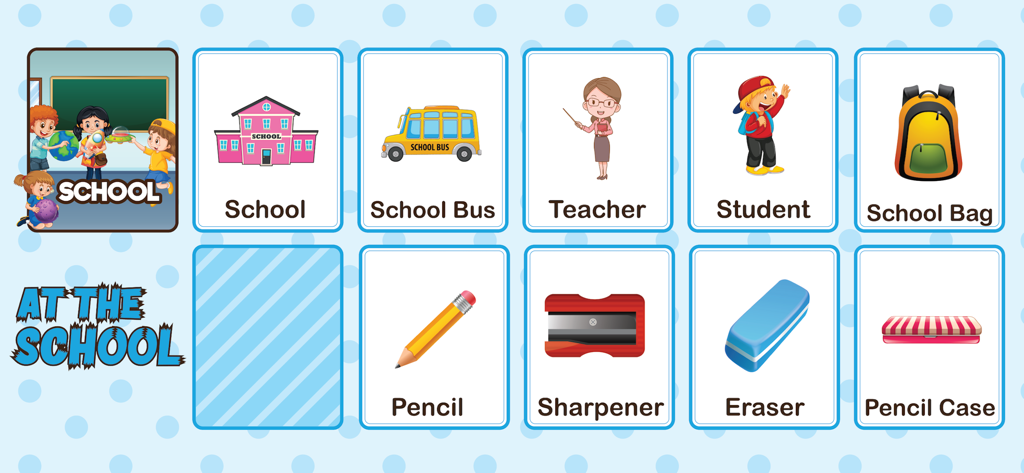 School vocabulary flashcards for toddlers including a school bus teacher and school supplies