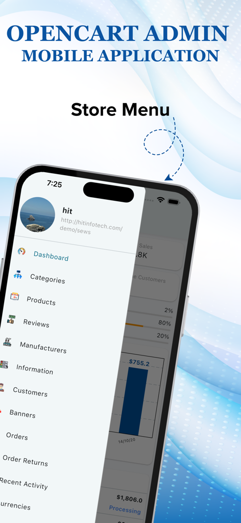 Opencart Admin Mobile App. - Seitenleisten-Navigationsmenü der Opencart Admin Mobile App mit Kategorien wie Dashboard, Produkte und Bestellungen auf einem iPhone