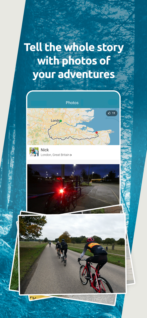 Map My Tracks: walking pro - Map My Tracks app screen showcasing a tracked route map and photos of outdoor adventures.