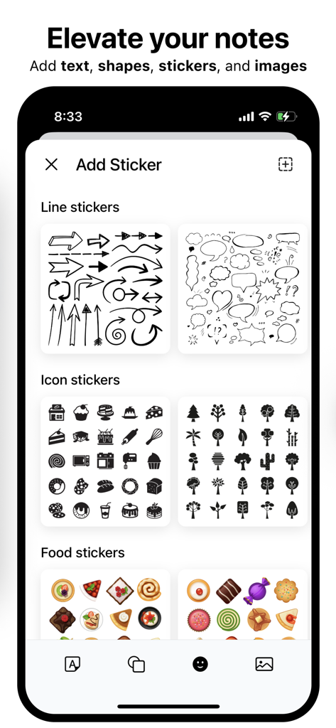 Element Note - Element Note app screen showing sticker options like lines icons and food for note taking