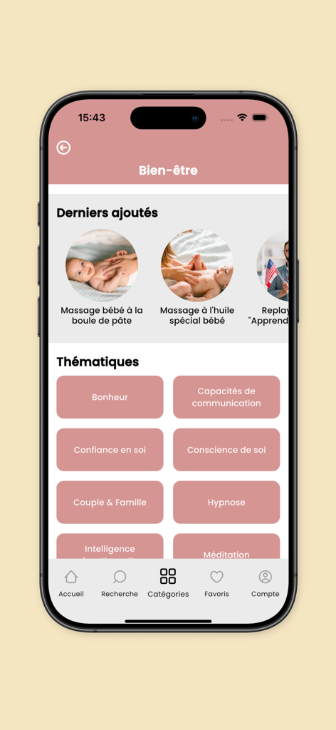 Section bien-être de l'application Toutapprendre affichant des catégories de développement personnel et des tutoriels de massage pour bébé en français.
