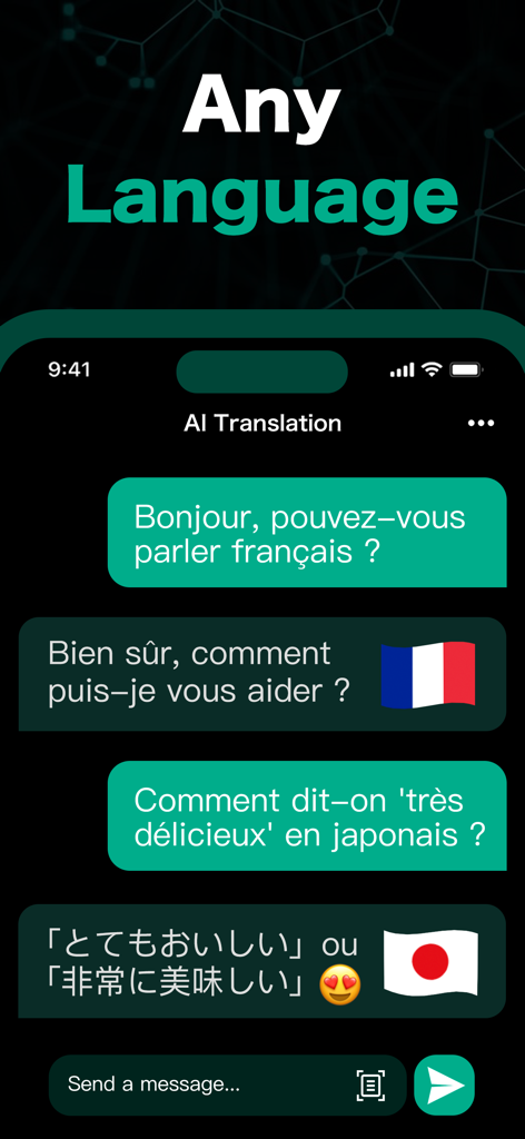 AI Chatbot : Ask AI Anything - Interfaz de chatbot de IA que muestra traducción multilingüe entre francés y japonés